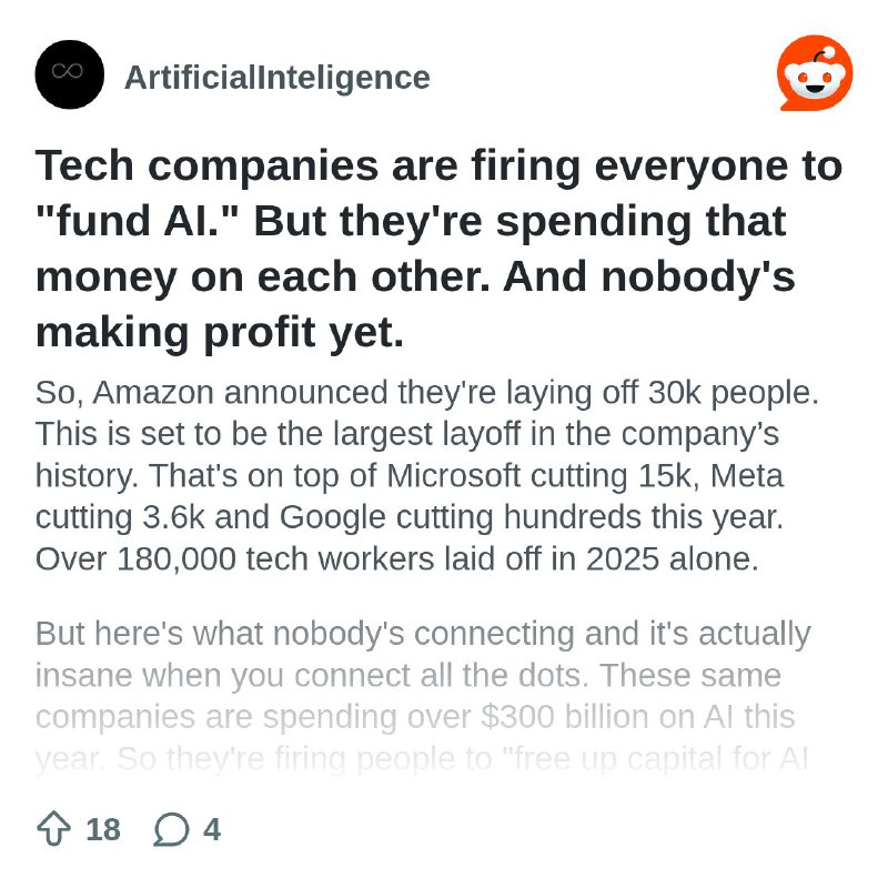 From the ArtificialInteligence community on Reddit: Tech companies are firing everyone to "fund AI." But they're spending that…